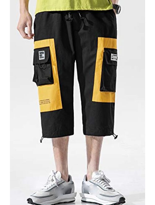 MOKEWEN Men's Two Tone Cargo Jogger Elastic Waist Capri Pants Shorts with Multi Pocket