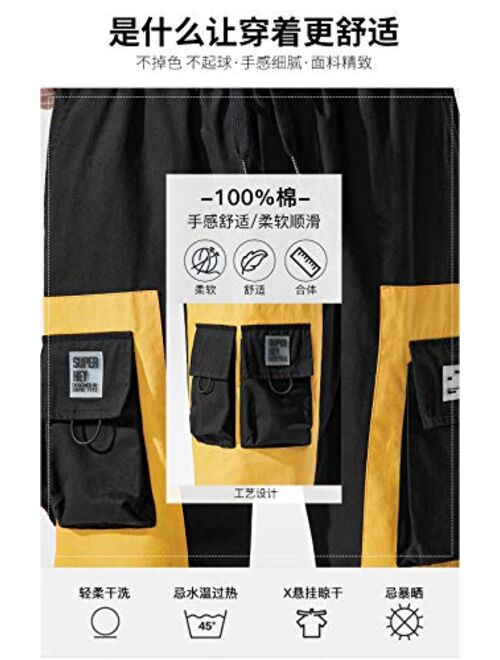MOKEWEN Men's Two Tone Cargo Jogger Elastic Waist Capri Pants Shorts with Multi Pocket
