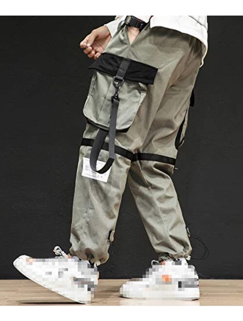 MOKEWEN Men's Straps Casual Jogger Harem Cargo Pants with Big Pockets