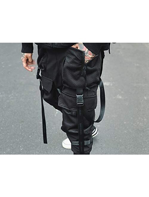 MOKEWEN Men's Techwear Bandage Hole Strap Jogger Pants with Drawstring
