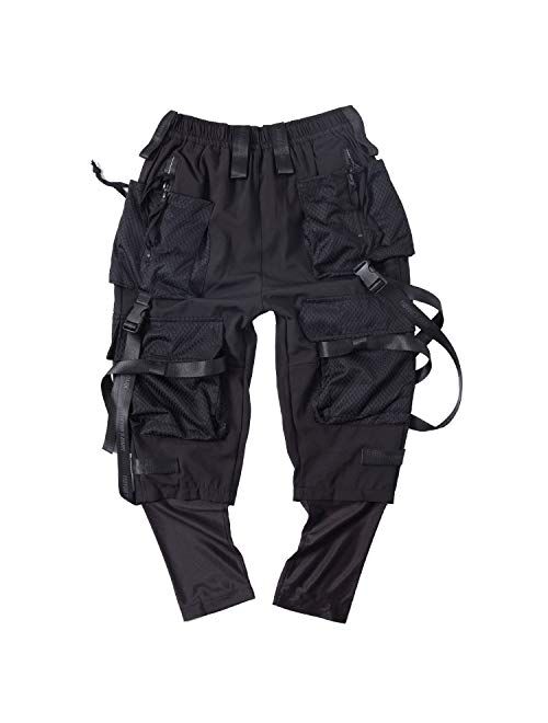 MOKEWEN Men's Techwear Bandage Hole Strap Jogger Pants with Drawstring