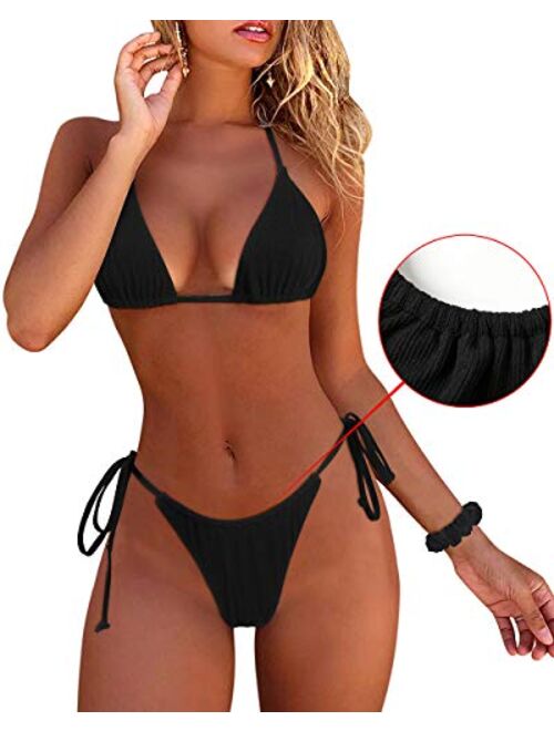 MOSHENGQI Women Sexy Brazilian 2 Piece Spaghetti Strap Top Thong Bikini Set with matching scrunchie