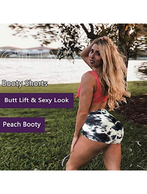 GILLYA Booty Yoga Shorts Textured Leggings Women Butt Lift High Waisted Tummy Control Scrunch Butt Leggings Booty Shorts