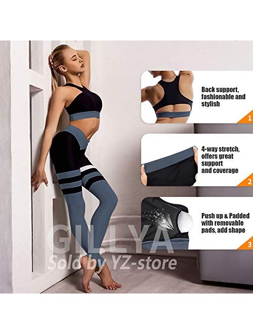 GILLYA Yoga Workout Outfits for Women 2 Piece Set, High Waisted Striped Gym Leggings Top Bra Set, Fitness Gym Outfits Set