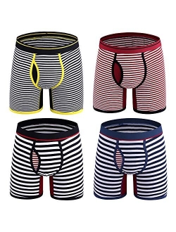 Men's Stripe Boxer Briefs Regular Leg Cotton Underwear with Functional Fly