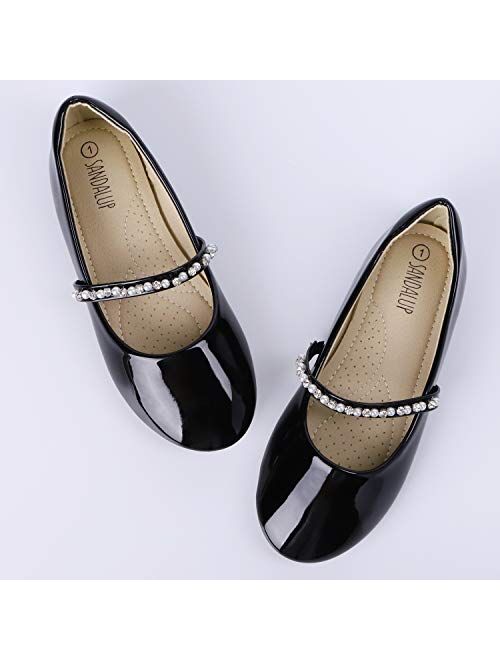 SANDALUP Little Girls Dress Shoes Ballet Flats Inlaid with Pearl and Rhinestone Strap