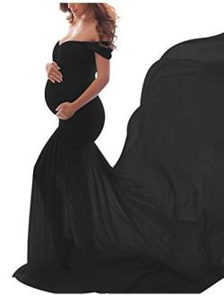 ORQ Maternity Off Shoulder Chiffon Gown for Photo Props Dress Maxi Photography Dress for Photoshoot