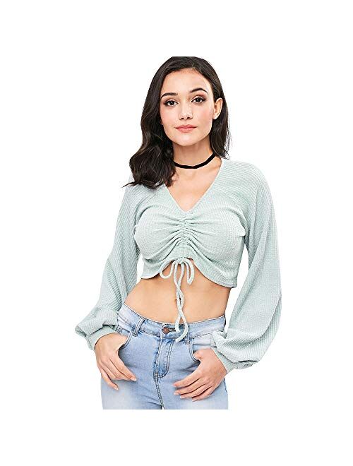 ZAFUL Women's Casual Long Sleeve V-Neck Ribbed Knitted Knot Front Crop Top