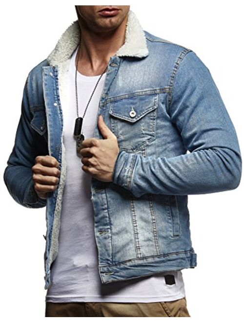 LEIF NELSON Men's Denim Jacket Basic Jeans Jacket Fur Stand Collar Casual Jacket Slim Fit LN9610