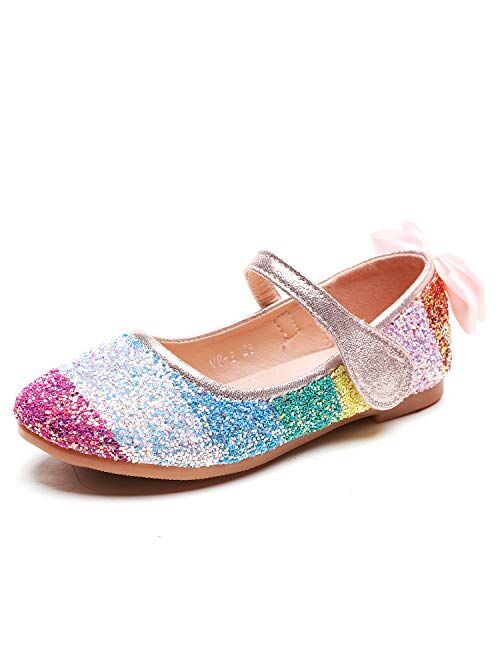 O&N Glitter Bow Kids Children Girls Ballet Flats Princess Wedding Party Bridesmaid School Shoes Mary Janes 
