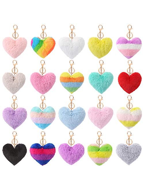Auihiay 20 Pieces Pom Poms Keychains Heart Shaped Pompoms Keyring Fluffy Car Bag Charm for Valentine’s Day Decoration