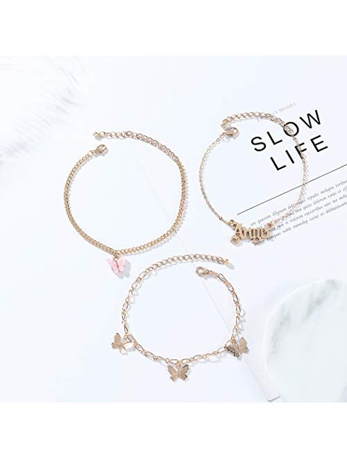 Dresbe Boho Layered Anklet Gold Butterfly Anklets Beach Crystal Ankle Bracelet Angel Pendant Foot Jewelry Chain for Women and Girls