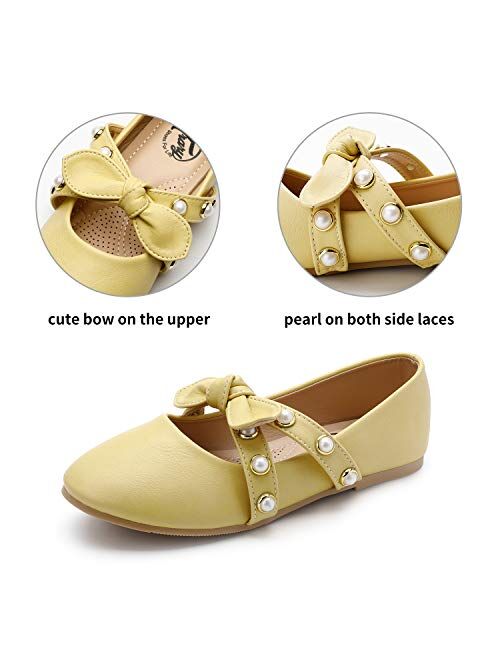 Trary Little Girls Ballet Flats Slip-on Dress Shoes with Bow Knot and Pearl