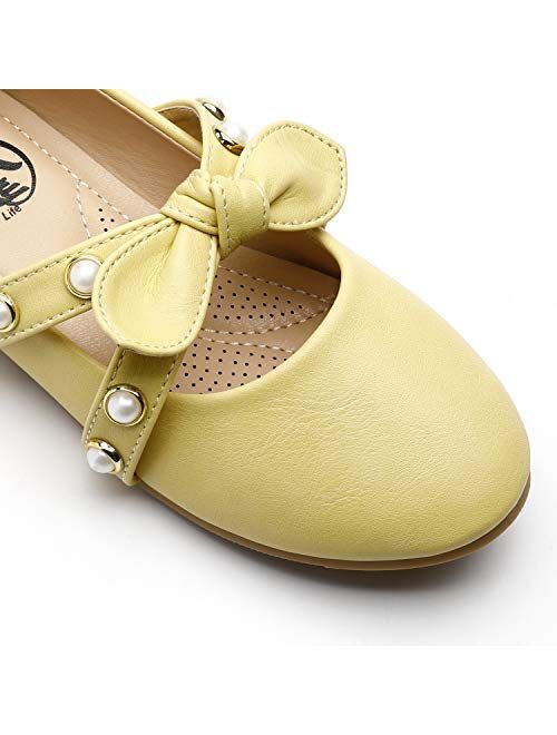 Trary Little Girls Ballet Flats Slip-on Dress Shoes with Bow Knot and Pearl
