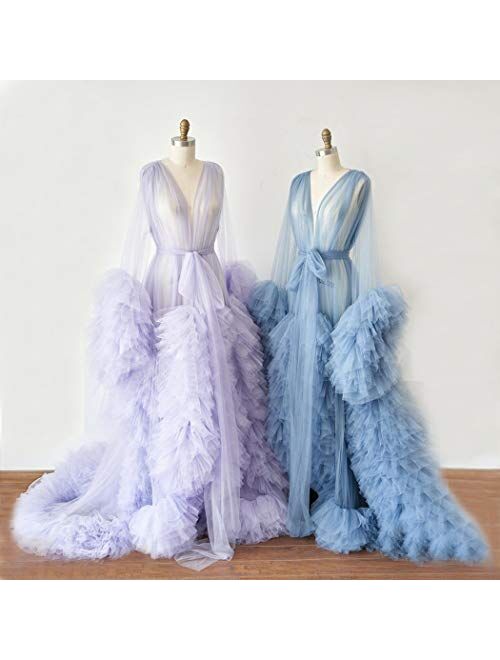 Michealboy Ladies Dressing Gown Perspective Sheer Long Robe Puffy Tulle Robe Sheer for Maternity Photoshoot