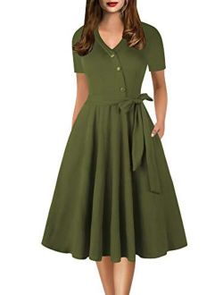 oxiuly Women's Vintage Elegant V Neck Button Decoration Casual Pockets A-Line Dress for Work Party OX309