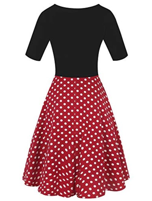 oxiuly Women's Vintage Dot V-Neck Cap Sleeve Casual Pockets Swing Tea Dress OX296