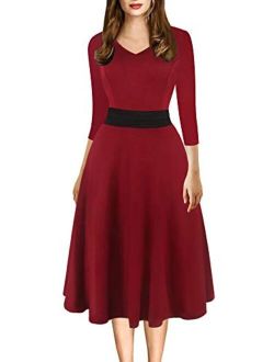 oxiuly Women's Vintage 1950's V Neck Tunic Patchwork Stretchy Party A-Line Casual Midi Dress OX323