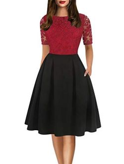 oxiuly Women's Lace Floral Crew Neck Elegant Pockets Swing Dress for Party OX306
