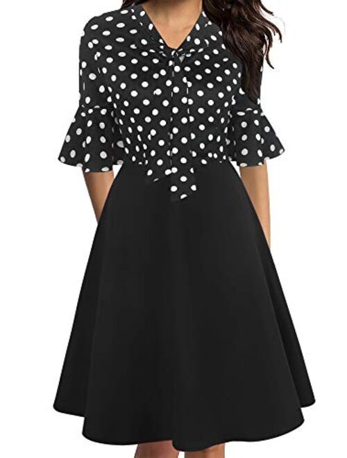 oxiuly Women's Vintage Bow Tie V-Neck Flare Sleeve Midi Casual A-Line Dress OX305