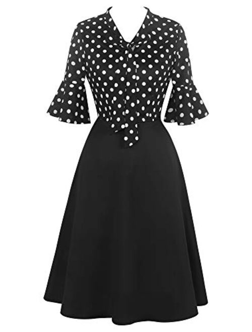 oxiuly Women's Vintage Bow Tie V-Neck Flare Sleeve Midi Casual A-Line Dress OX305