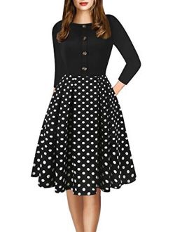 oxiuly Women's Vintage Elegant Scoop Neck Button Decoration Casual Pockets Swing Dress for Work Party OX312