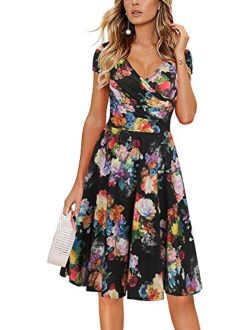 oxiuly Women's Elegant Chic V-Neck Cotton Blend Stretchy Casual A-Line Midi Dress with Pockets OX288