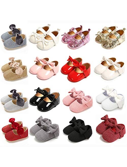 Babelvit Baby Girls Mary Jane Flats with Bow Anti Slip Soft Sole Infant Flower Princess Dress Wedding Shoes