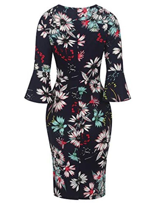 oxiuly Women's Casual Scoop Neck Floral Flare Sleeve Midi Work Sheath Dress OX292