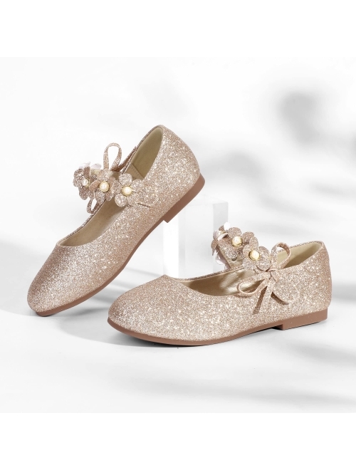 PANDANINJIA Girls Toddler/Little Kid Flora Dress Flats Shoes Pearls Bow Flower Girl Ballet Flat Mary Jane