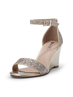 Women's Classic Wedge Heels Sandals 3 Inch Ankle Strap Open Toe Evening Dress Wedding Shoes