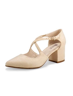Women's Lynn Dress Low Heeled Pumps Closed Pointed Toe Block Chunky Heel Cross Strap Wedding Bridal Party Office Shoes
