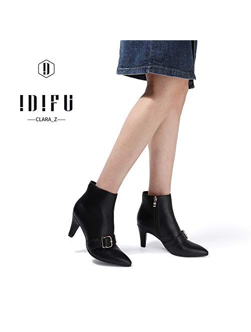 IDIFU Women's Clara-Z Pointed Toe High Heel Ankle Booties Zipper Buckle Strap Short Boots