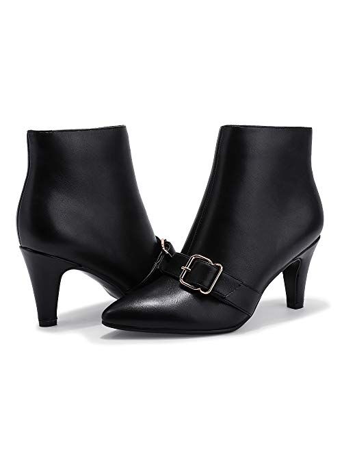 IDIFU Women's Clara-Z Pointed Toe High Heel Ankle Booties Zipper Buckle Strap Short Boots