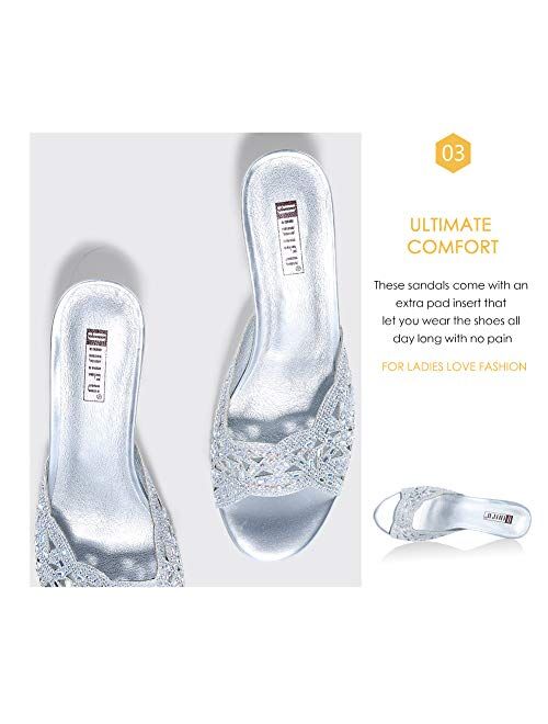 IDIFU Women's IN2 Nina Wedding Bridal Heels Sandals for Bride Bridesmaid Low Kitten Evening Pearl Glitter Slide Mules Dress Shoes
