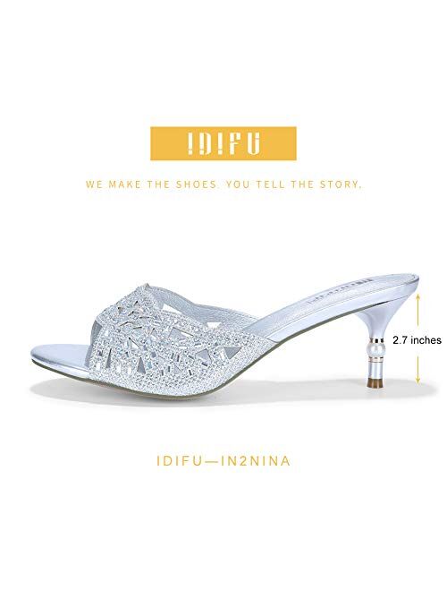 IDIFU Womens Silver Gold Wedding Shoes For Bride Bridesmaid Low Kitten Peep Toe Heels Dress Sandals Glitter Formal Slide Mules With Heel 