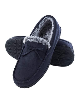DL Men-Moccasin-Slippers-Indoor-Outdoor, Suede Mens House Slippers with Memory Foam, Faux Fur Lining Bedroom Slippers for Men Non Slip Outsole