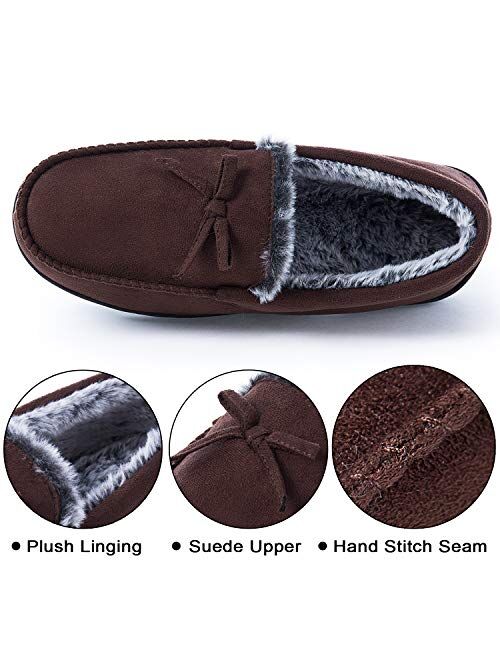 DL Men-Moccasin-Slippers-Indoor-Outdoor, Suede Mens House Slippers with Memory Foam, Faux Fur Lining Bedroom Slippers for Men Non Slip Outsole