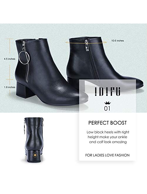 IDIFU Women's Ring Zipper Ankle Boots 1.8 Inch Low Block Heels Round Toe Dress Jeans Booties