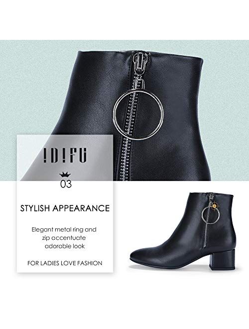 IDIFU Women's Ring Zipper Ankle Boots 1.8 Inch Low Block Heels Round Toe Dress Jeans Booties