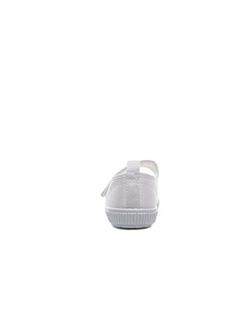 Je-Gou Boy's Girl's White Canvas Mary Jane Flats Fashion Sneakers(Toddler/Little Kid)