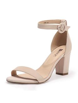 Women's IN3 Amy Block Heels Sandals Comfy Ankle Strap Open Toe Chunky Wedding Dress Shoes with Round Buckle