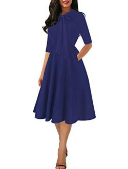 oxiuly Women's Chic Bow Tie V Neck Pockets Work Midi Dress Elegant A-Line Cocktail Party Dresses OX378