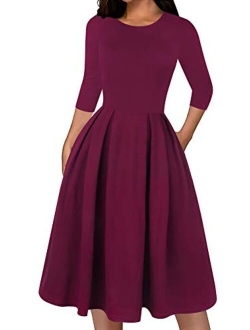 oxiuly Women's Classic Solid 3/4 Sleeve Cotton Work Dress Vintage 1950's Party Dresses with Pockets OX365
