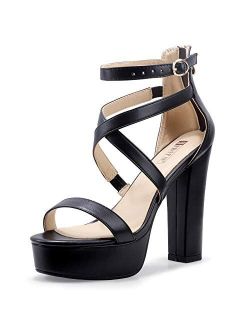 Women's Platform Chunky High Heels Dress Sandals Open Toe Ankle Strap Strappy Wedding Bridal Party Dance Shoes for Women Bride