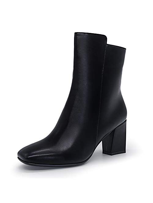 IDIFU Women's Ada Fashion Square Toe Short Gogo Ankle Boots Low Block Heel Side Zipper Booties - Half Size Larger