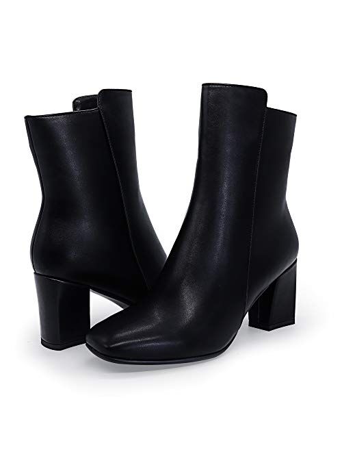 IDIFU Women's Ada Fashion Square Toe Short Gogo Ankle Boots Low Block Heel Side Zipper Booties - Half Size Larger