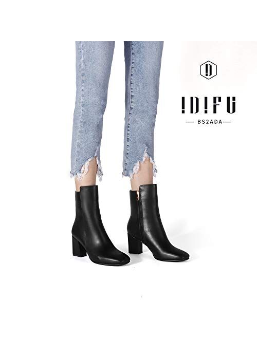 IDIFU Women's Ada Fashion Square Toe Short Gogo Ankle Boots Low Block Heel Side Zipper Booties - Half Size Larger