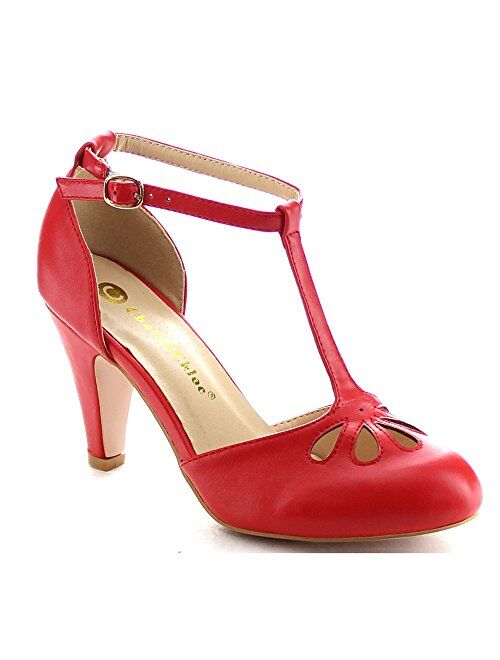 Chase & Chloe Womens Teardrop T-Strap Heeled Shoes Red Pat