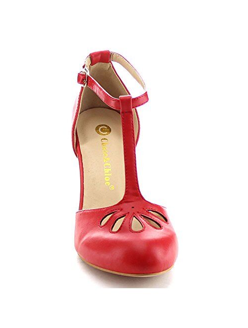 Chase & Chloe Womens Teardrop T-Strap Heeled Shoes Red Pat